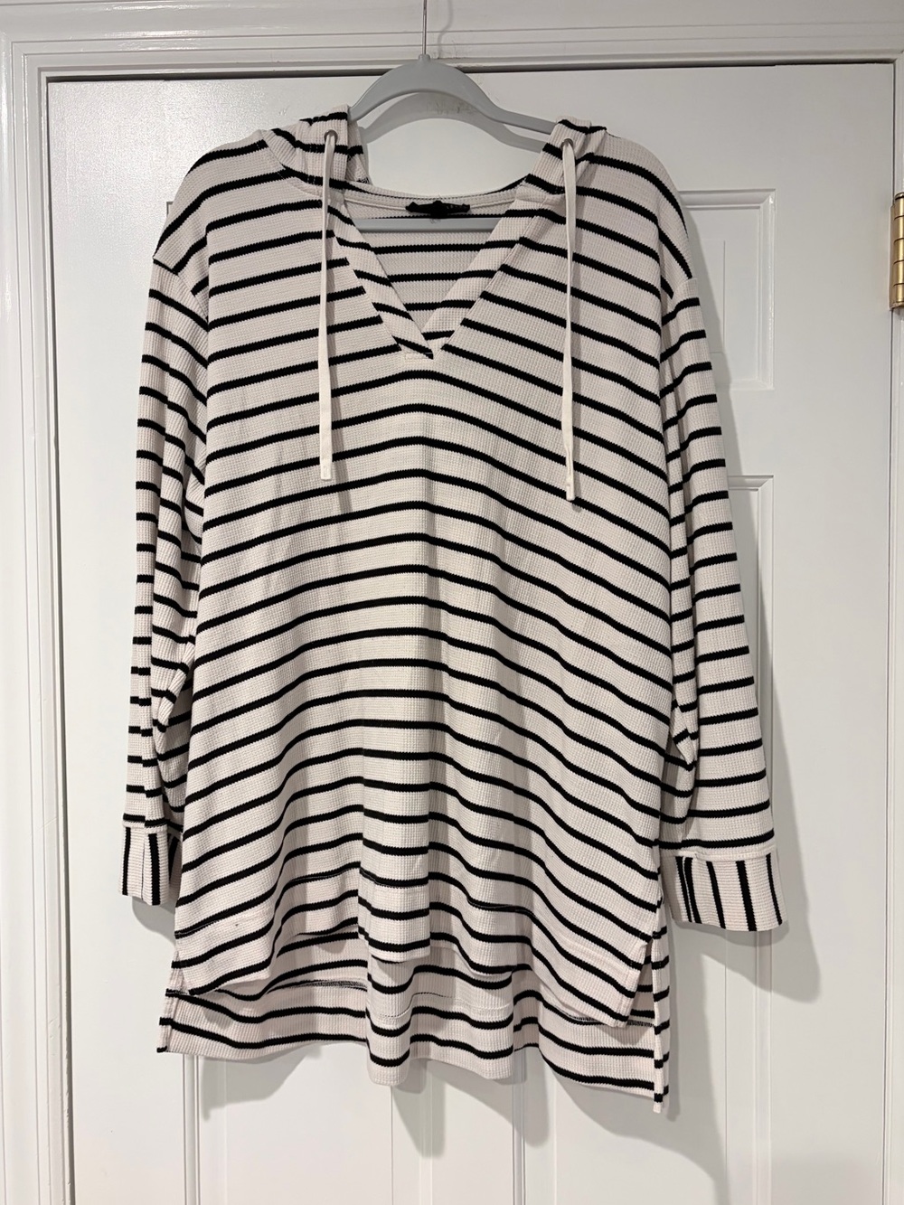 Jane and Delancey White and Black Striped Hooded Pullover